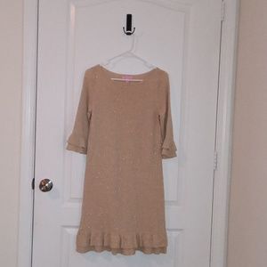 Lilly Pulitzer Gold Wool Metallic Shift Ruffled Hem Bell-Sleeve Jersey Dress